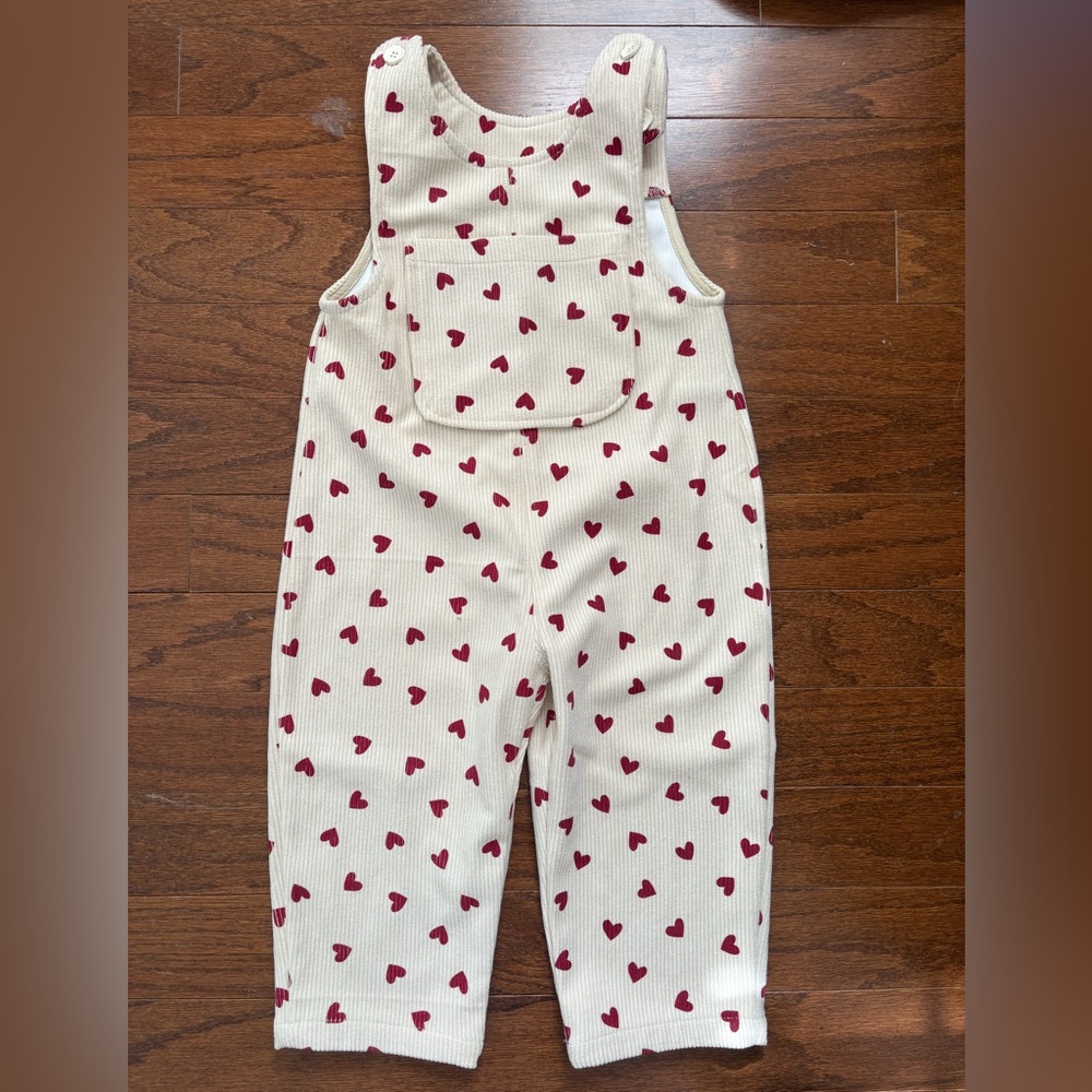 Toddler Heart-Print Cream Overalls